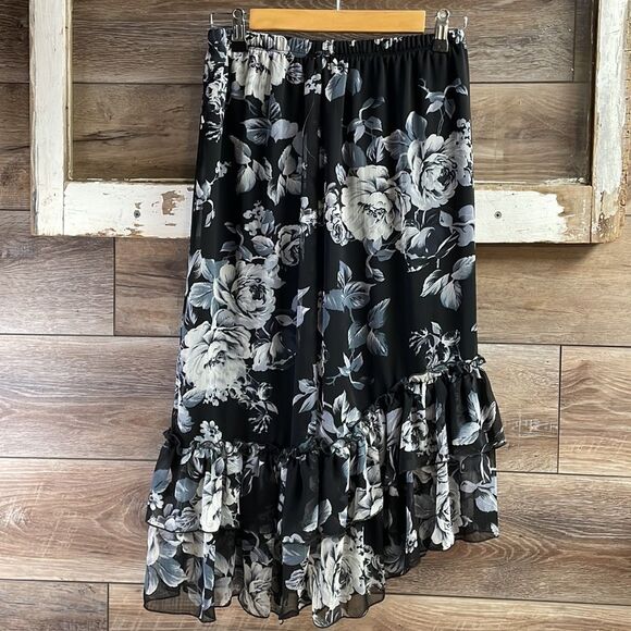 COUNTERPARTS Womens Floral Midi Skirt Ruffled Fairy Goth Size Small Asymmetrical - Picture 3 of 8
